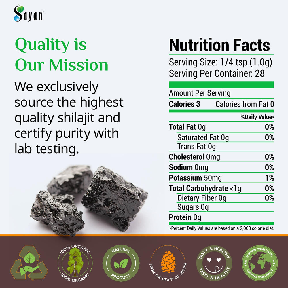 Sayan Pure Shilajit Powder label detail with vegan and non-GMO certification.