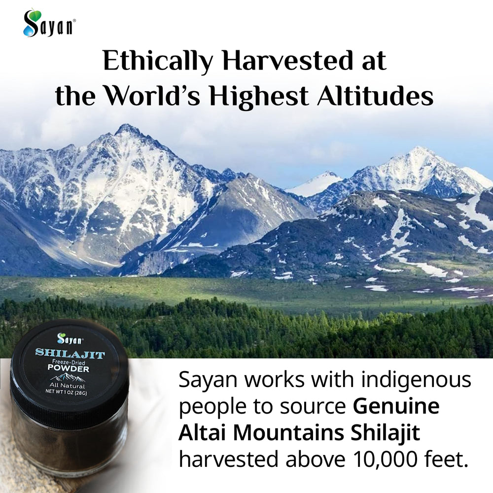 Sayan Pure Shilajit Powder pour shot ideal for mixing in beverages.