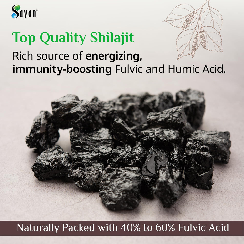 Sayan Pure Shilajit Powder close-up showing pure texture for smooth mixing.