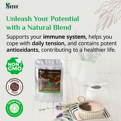 Close-up of betulin-enriched Chaga powder bottle highlights antioxidant support.