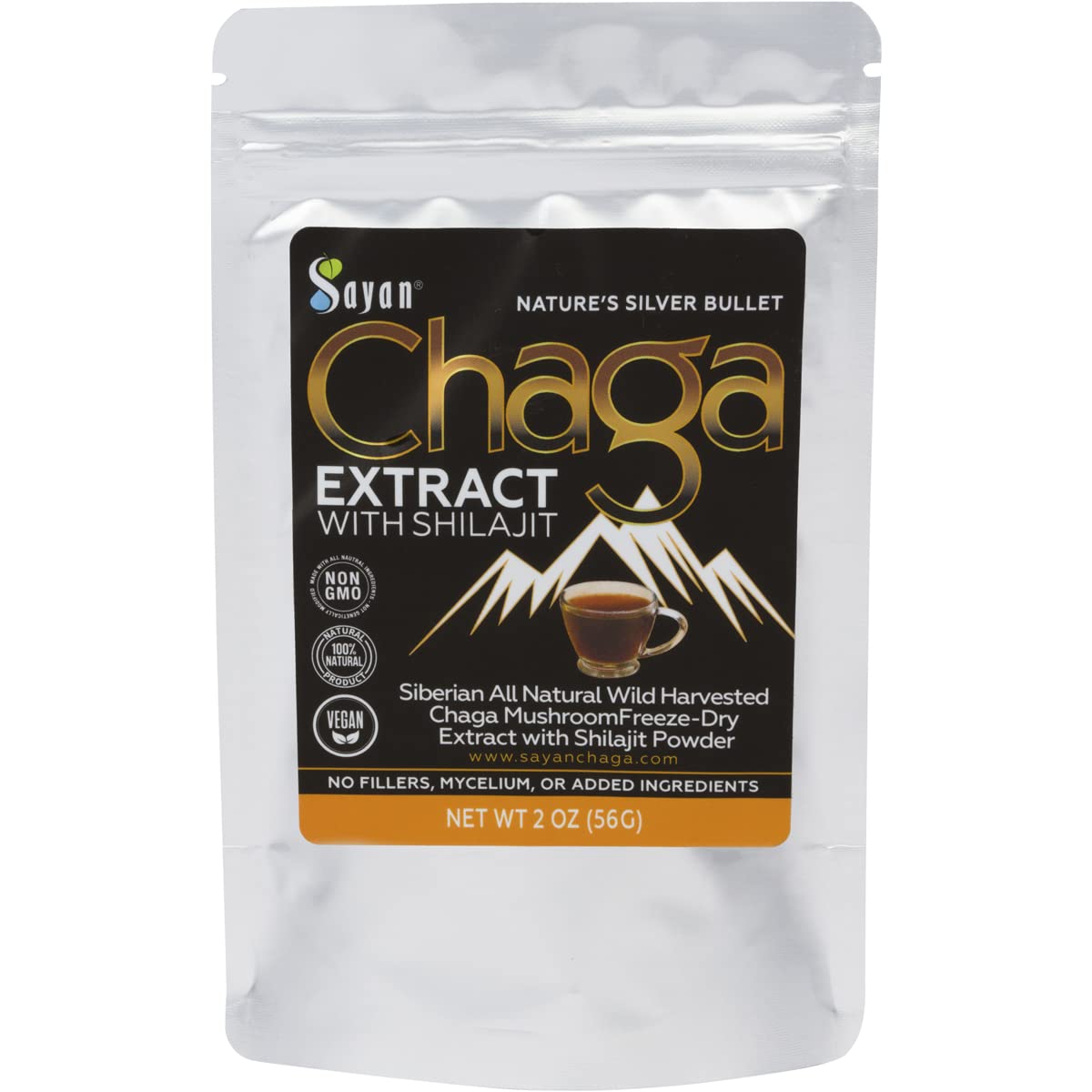 Sayan Siberian Chaga extract bottle highlights immune support and antioxidant benefits.