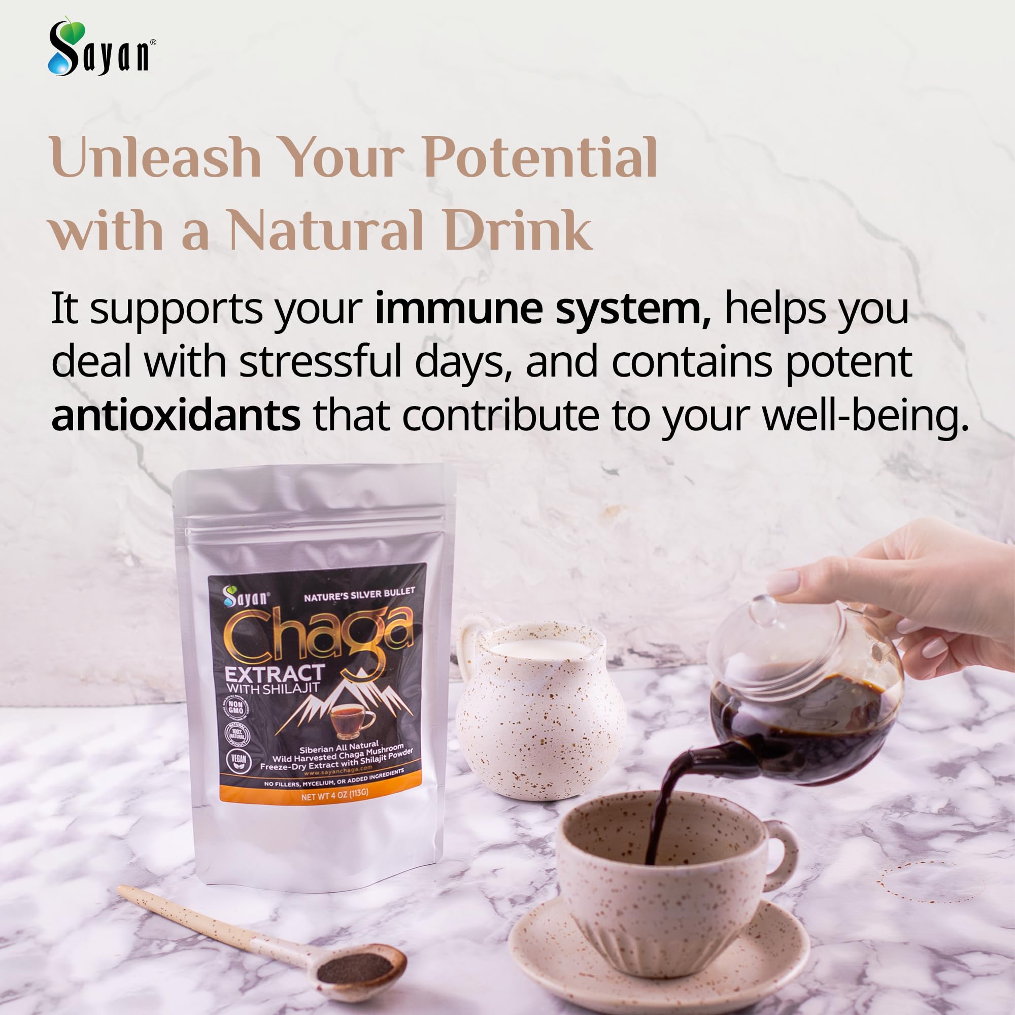 Sayan Siberian Chaga Extract measuring spoon demonstrates convenient daily dosage