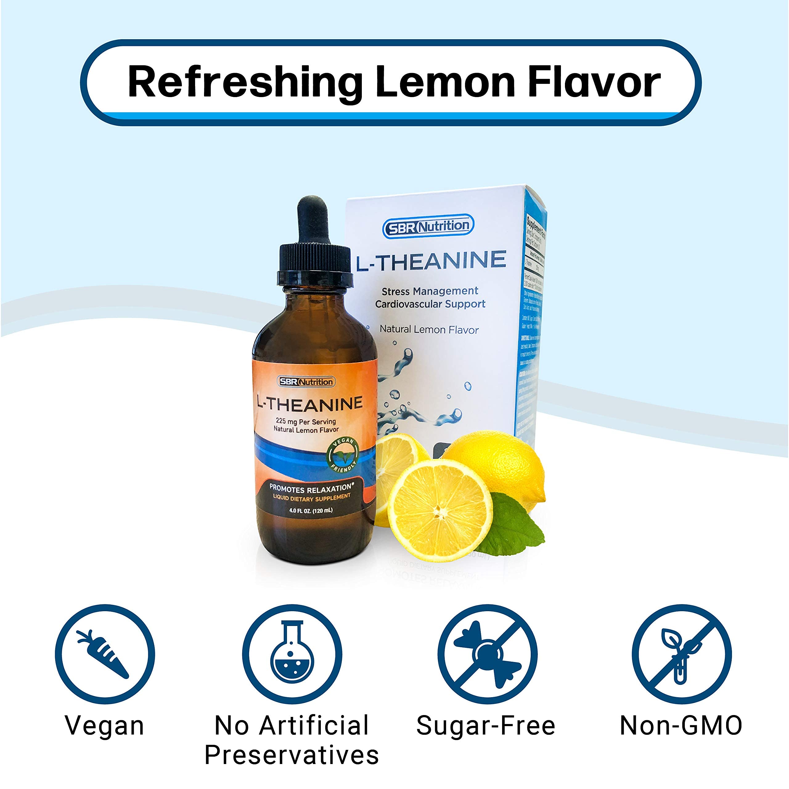 SBR Nutrition L-Theanine Drops with coffee to support calm focus.