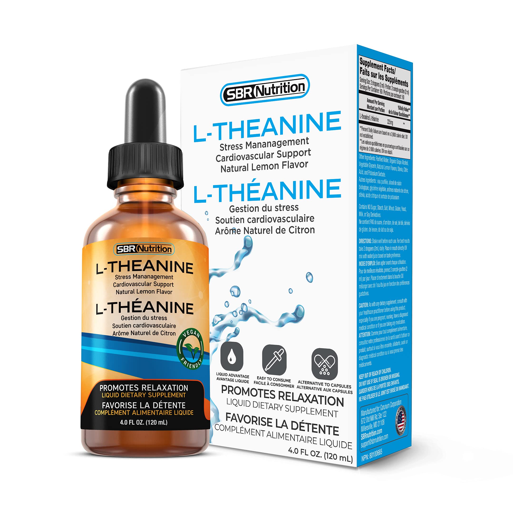SBR Nutrition Liquid L-Theanine Drops lemon flavor supports relaxation and clear thinking.