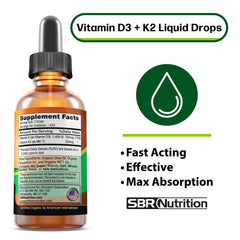 SBR Nutrition MAX Absorption drops pour demonstrates D3 and K2 delivery.