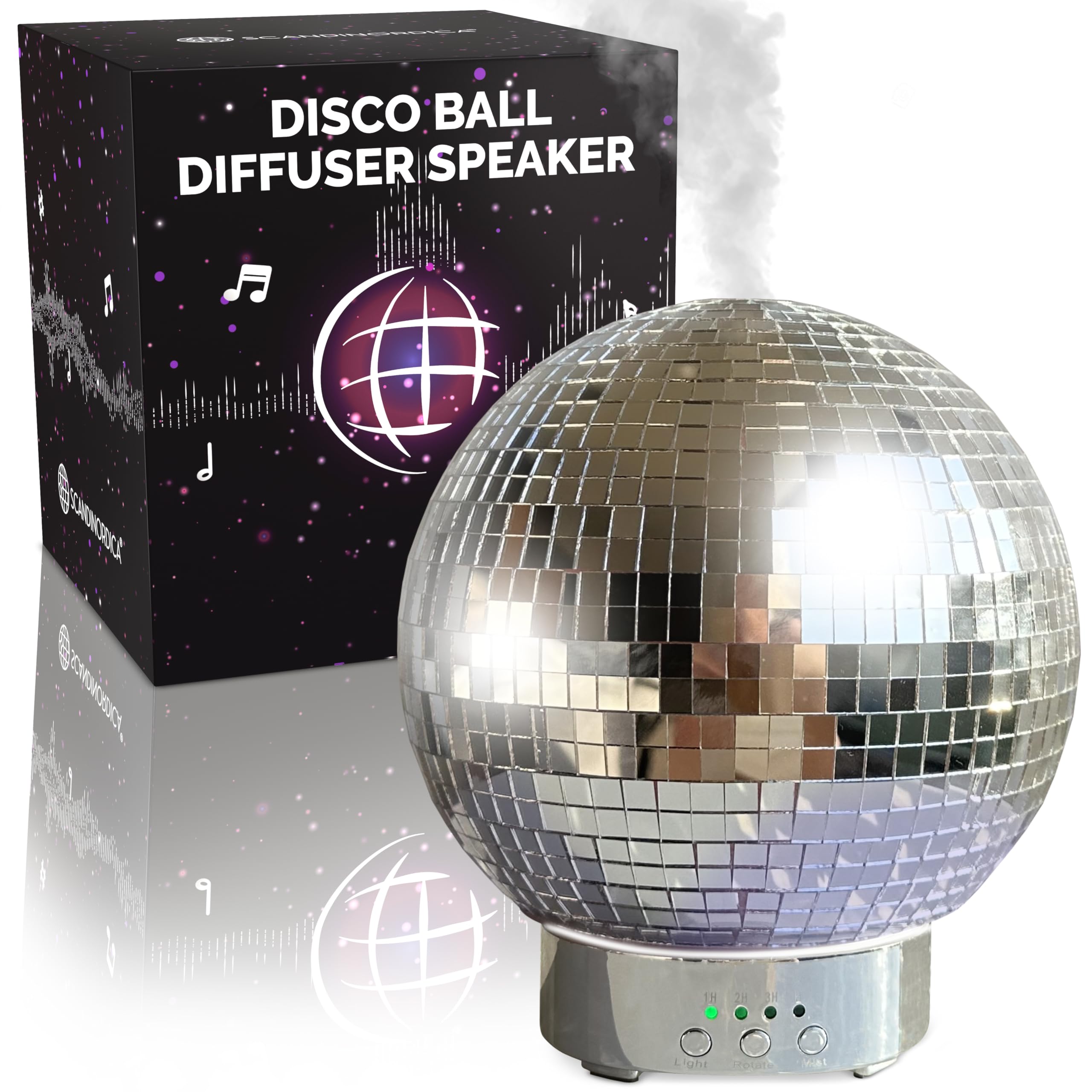 SCANDINORDICA disco-ball-diffuser-speaker with 300ml tank for long-lasting aroma and ambient music.