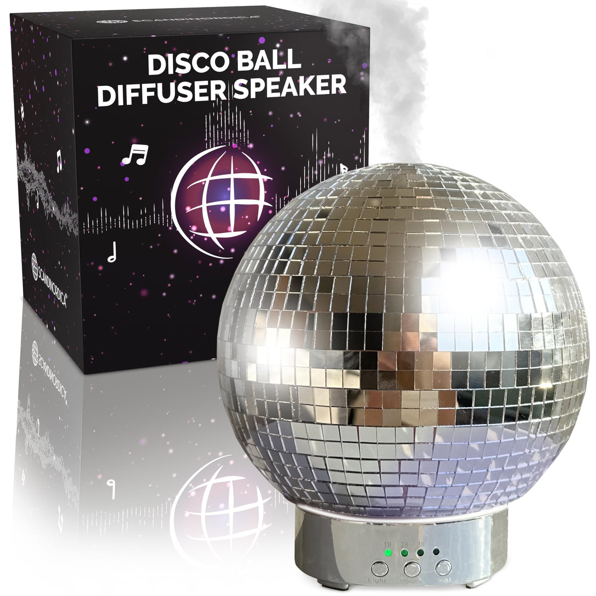 SCANDINORDICA disco-ball-diffuser-speaker with 300ml tank for long-lasting aroma and ambient music.