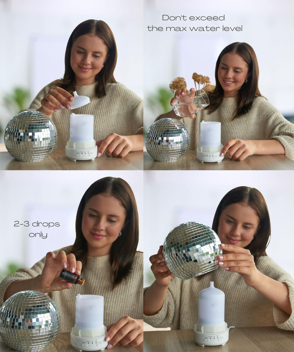 SCANDINORDICA Mirror Ball Diffuser uses quiet ultrasonic mist without heat.