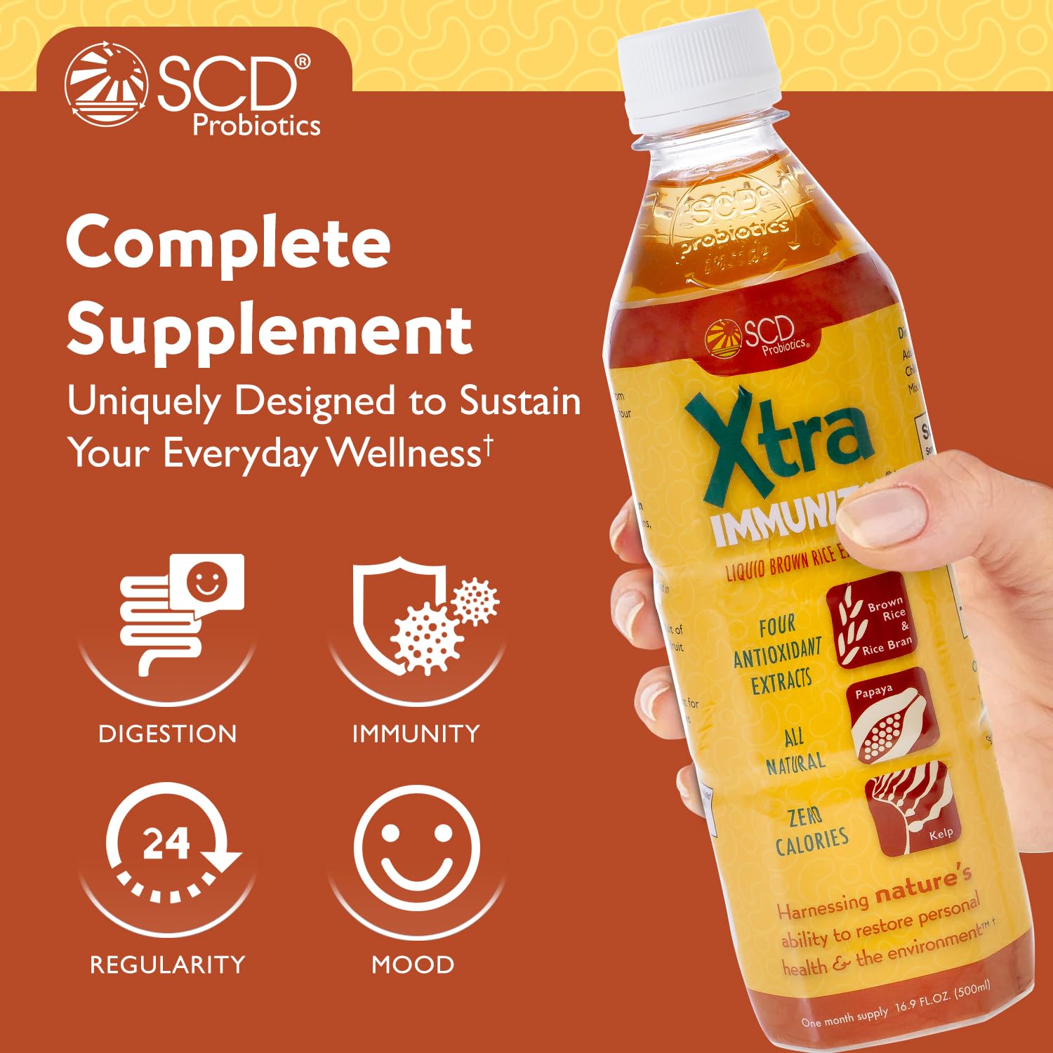 SCD Probiotics Xtra Immunity label highlights organic ingredients and fermentation-based nutrition.