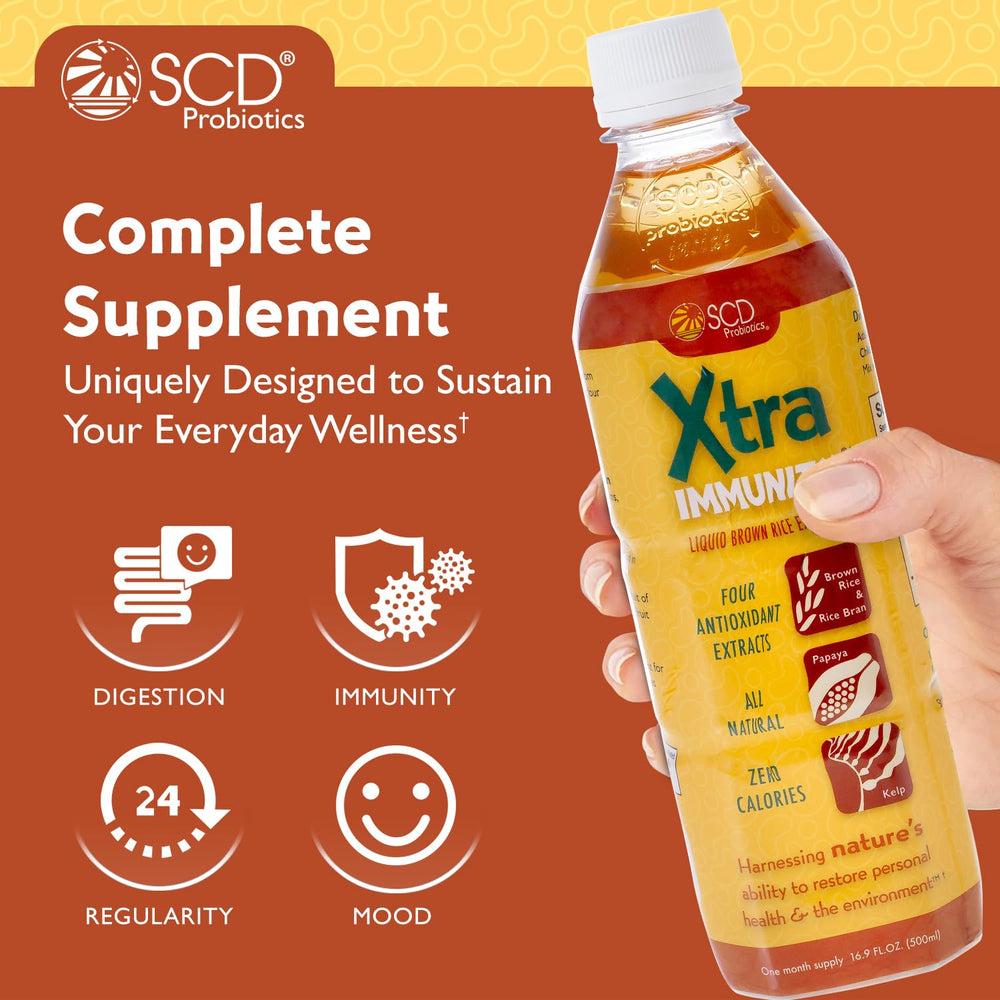 SCD Probiotics Xtra Immunity label highlights organic ingredients and fermentation-based nutrition.