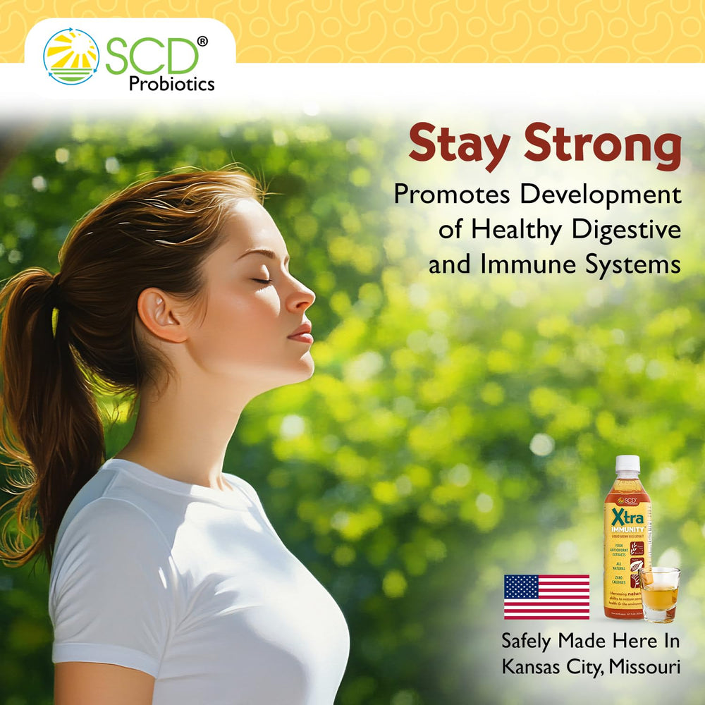 SCD Probiotics Xtra Immunity liquid closeup reveals a smooth, easy-to-use daily supplement.