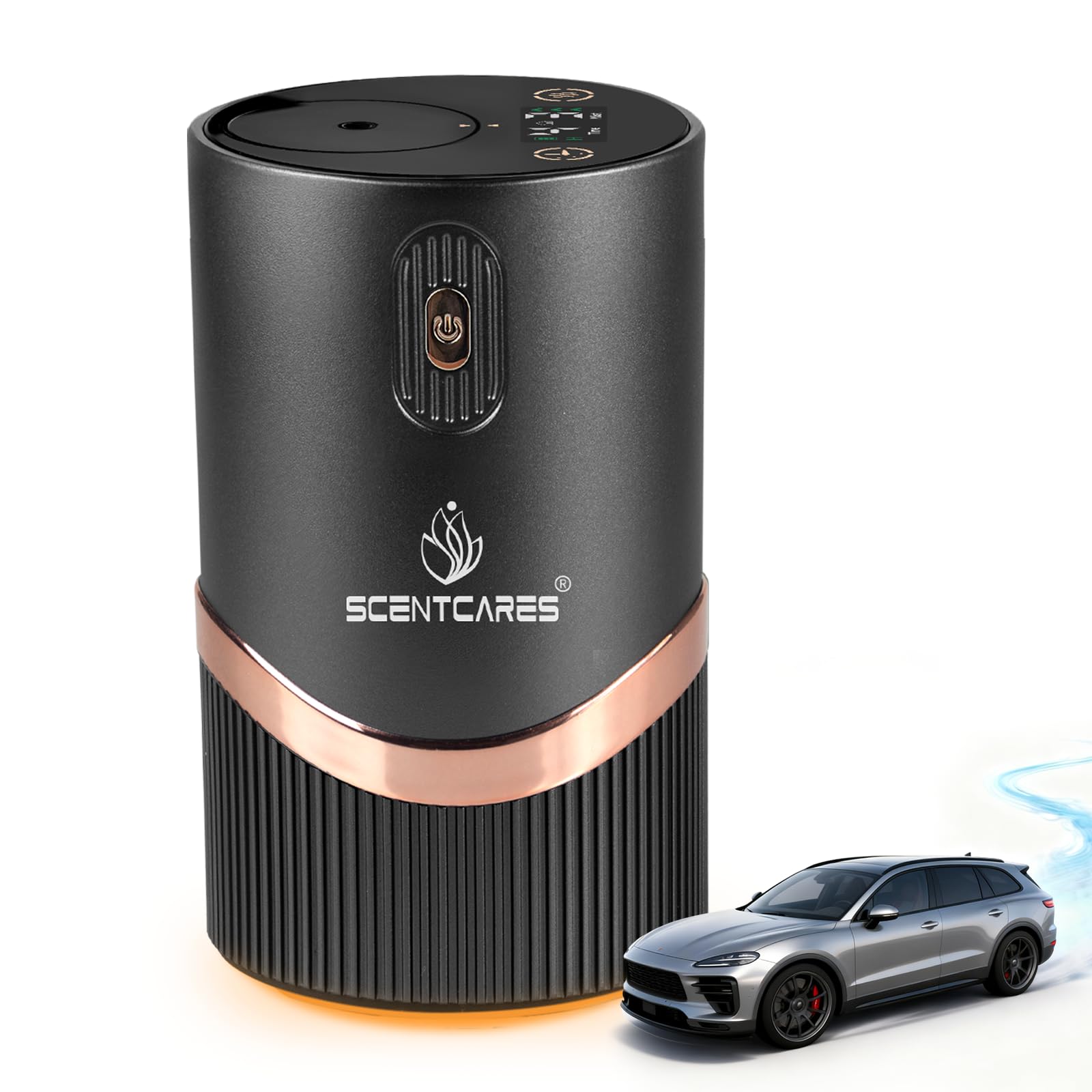 Scentcares Sentiment Diffuser overview shows sleek black design for home or car use.
