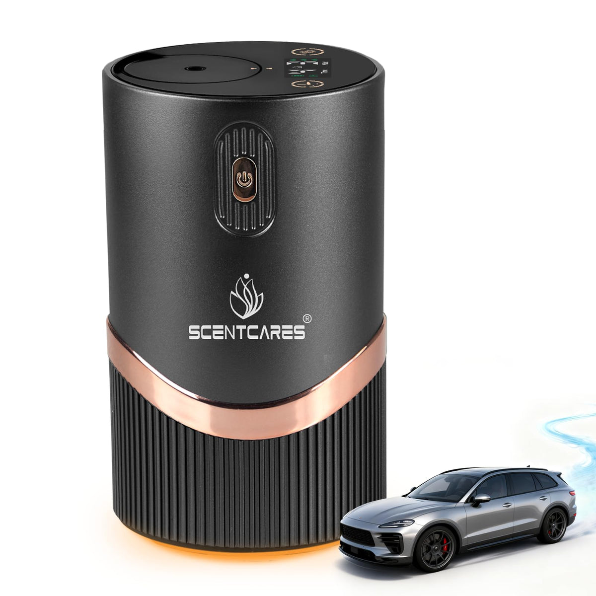 Scentcares Sentiment Diffuser overview shows sleek black design for home or car use.