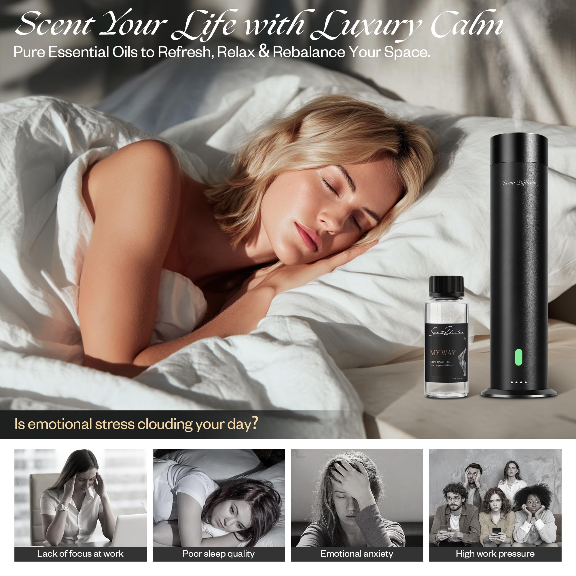 ScentDinbor My Way near a diffuser in the bedroom for restful evenings