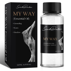 ScentDinbor My Way bottle closeup shows cedarwood notes for calm space
