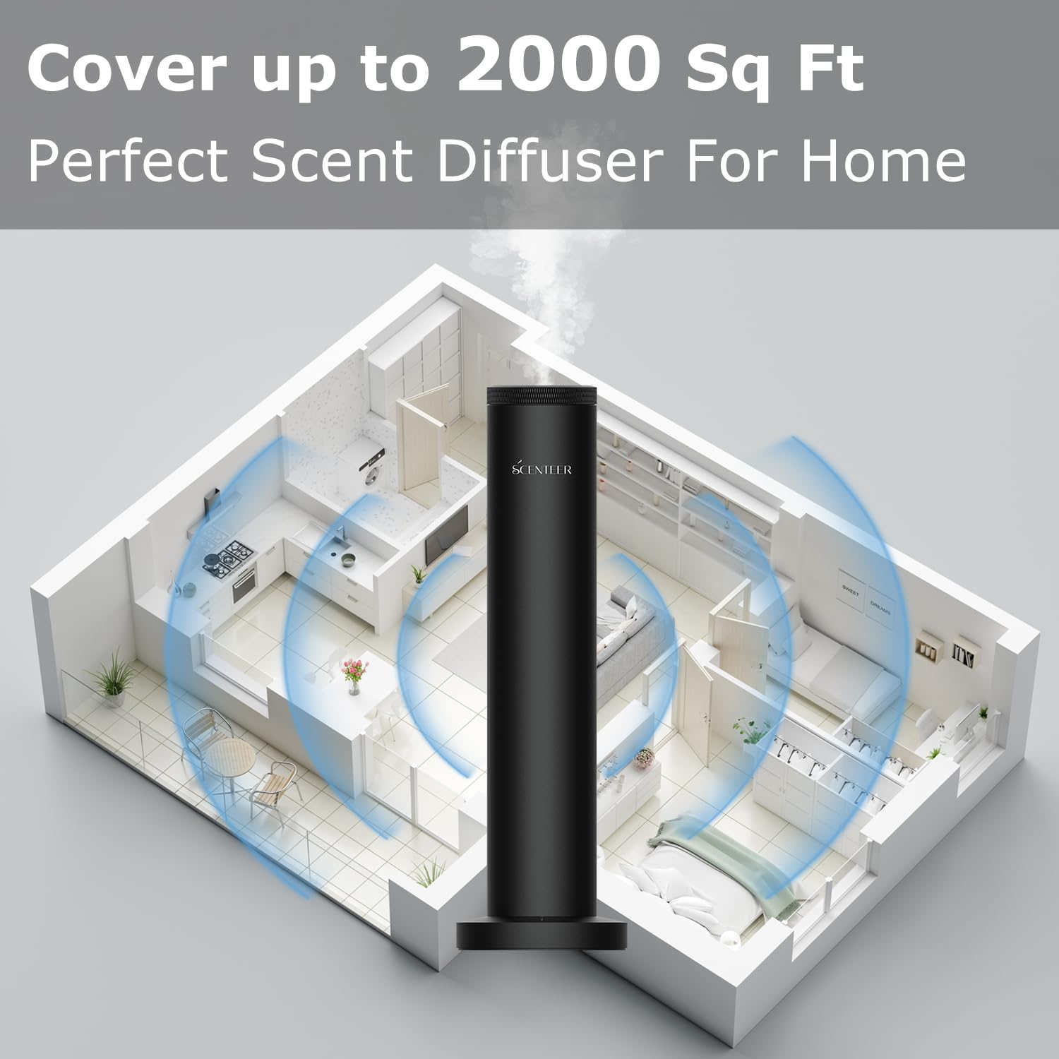 SCENTEER diffuser demonstrates broad coverage up to 2000 sq ft for large spaces