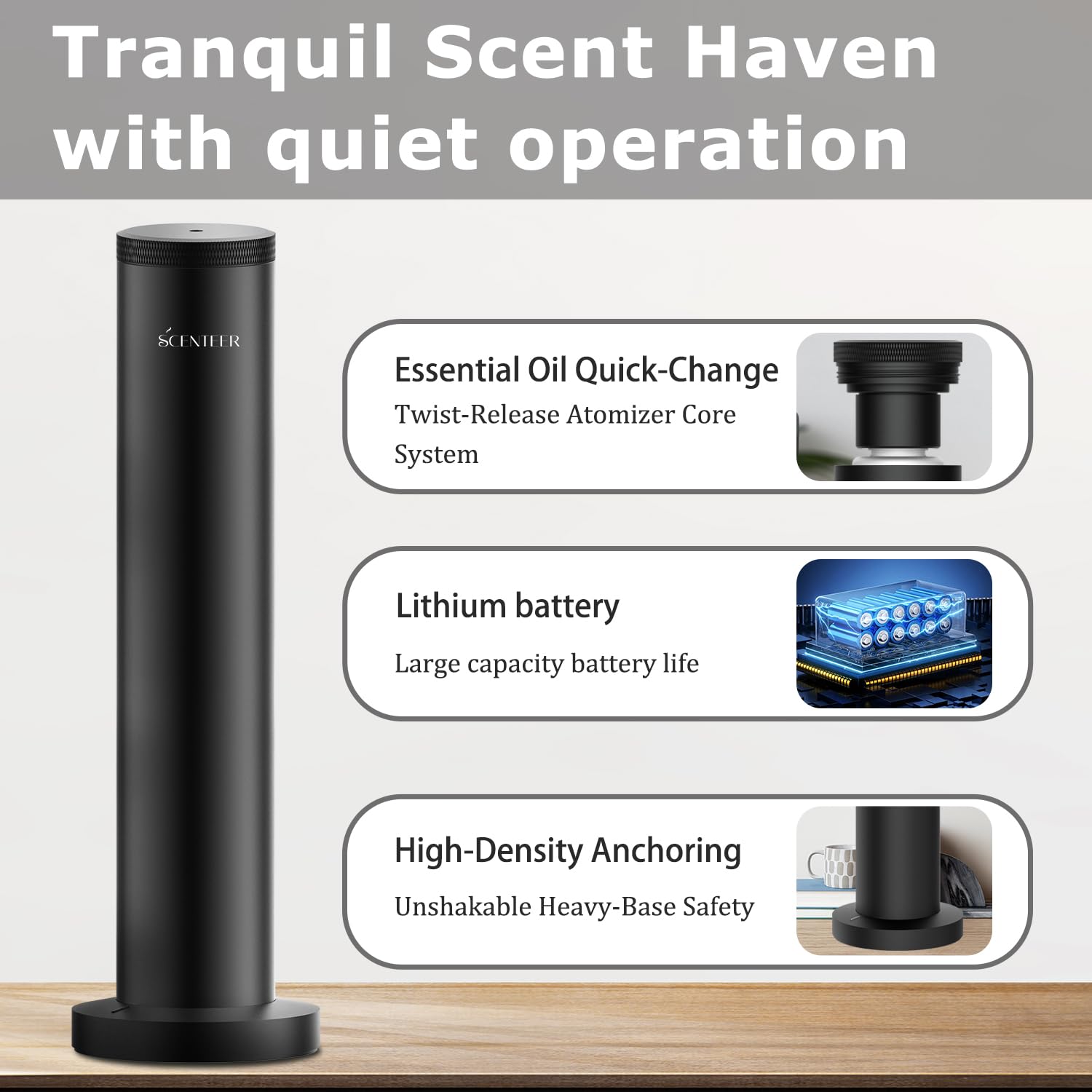 SCENTEER diffuser offers adjustable intensity and timer modes for customization