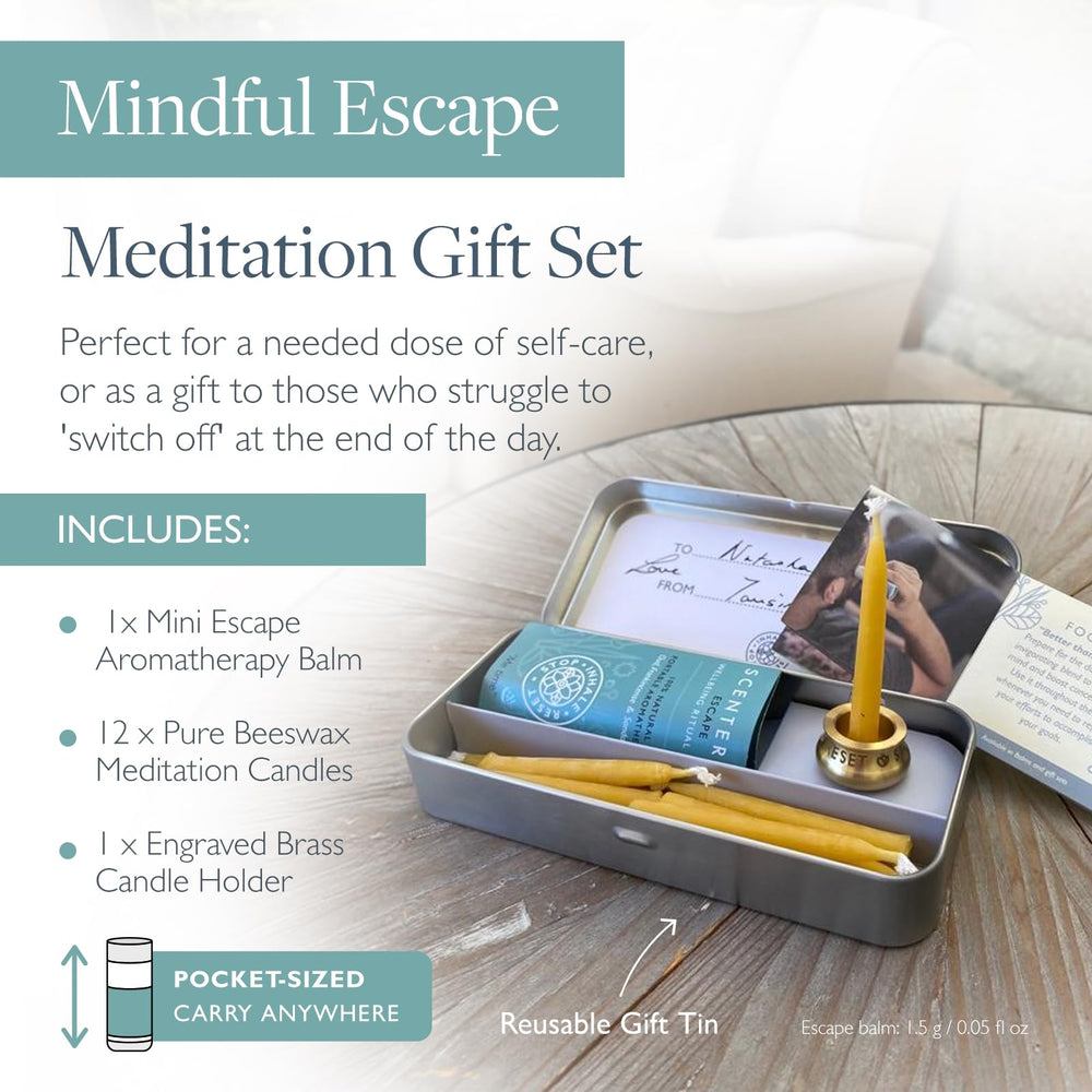 Scentered engraved brass holder with Stop Inhale Reset guides mindful candle rituals