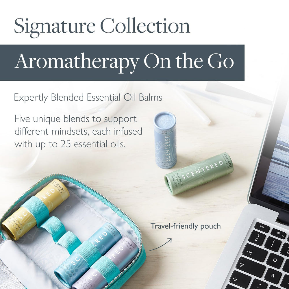 Scentered De-Stress balm stick eases tension with calming lavender and chamomile.