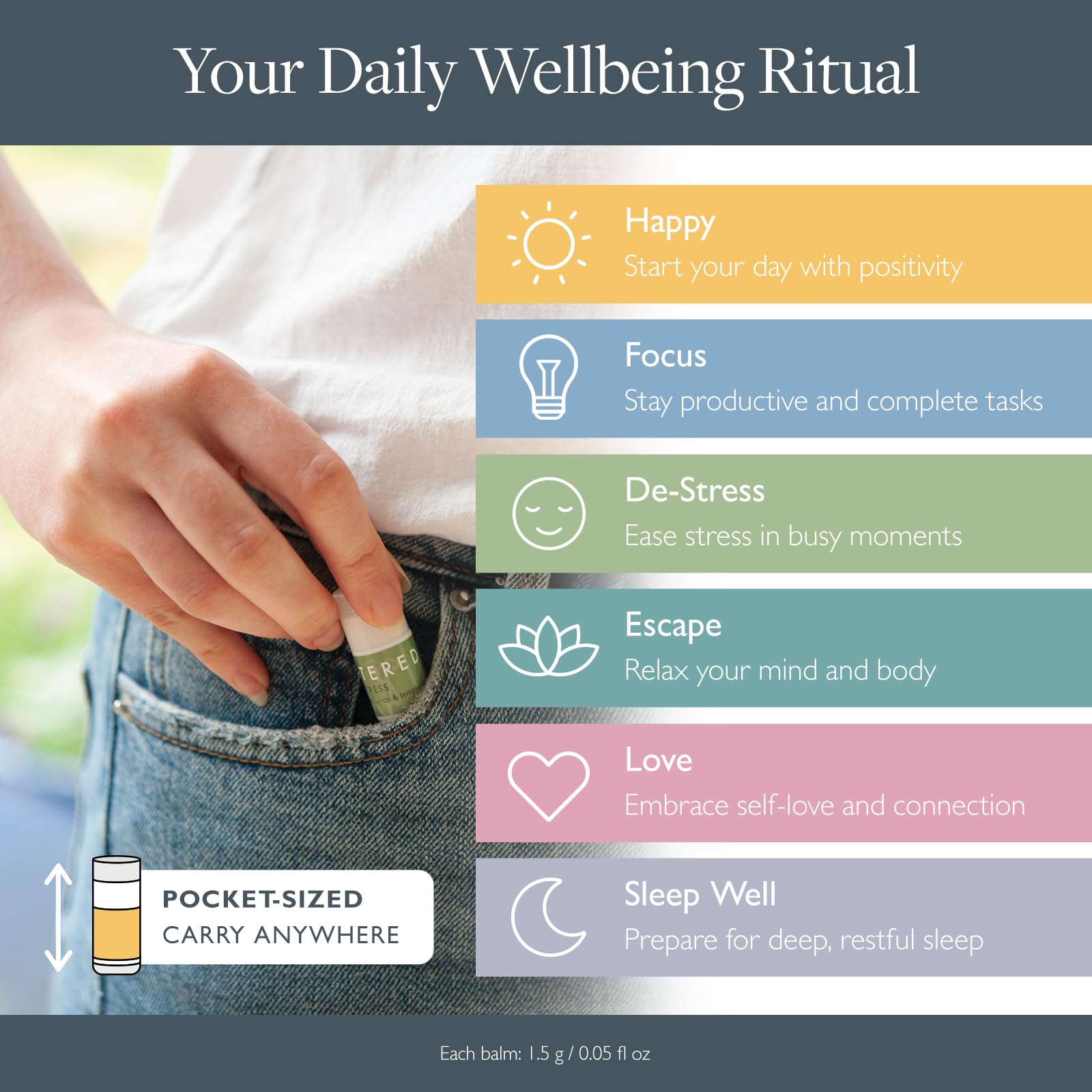 Scentered De-Stress balm image showing calm, relaxing notes