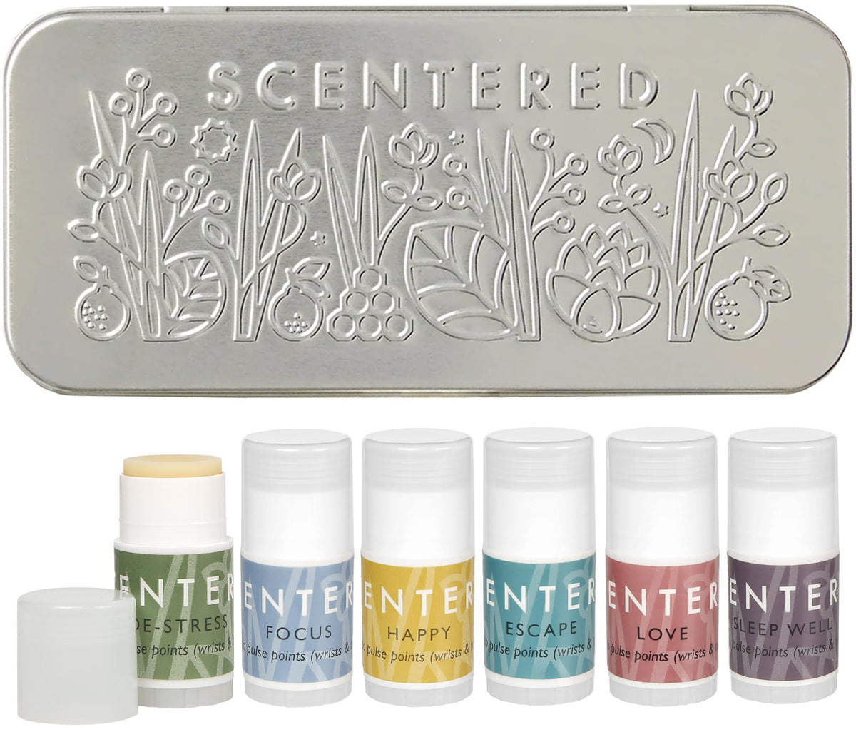 Scentered discovery tin front view with six mini balms for daily calm on the go