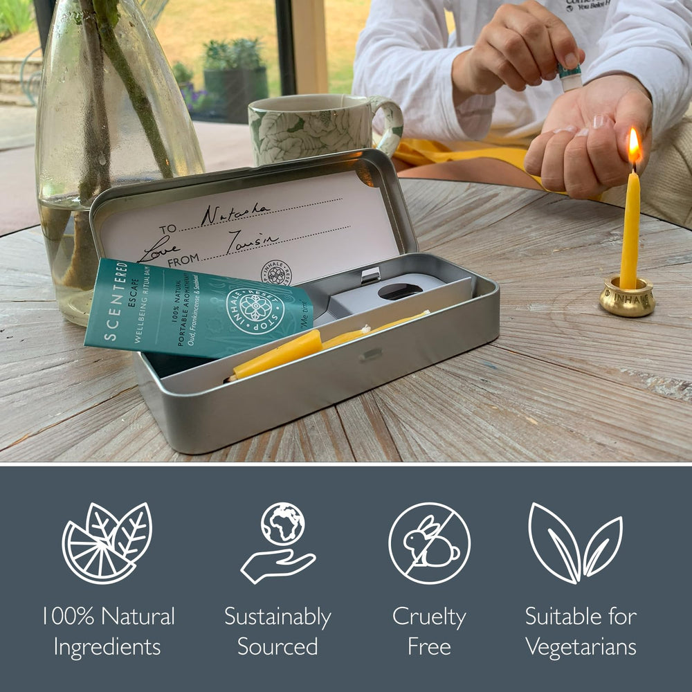 Scentered Escape Balm applied to wrists and neck for quick calm