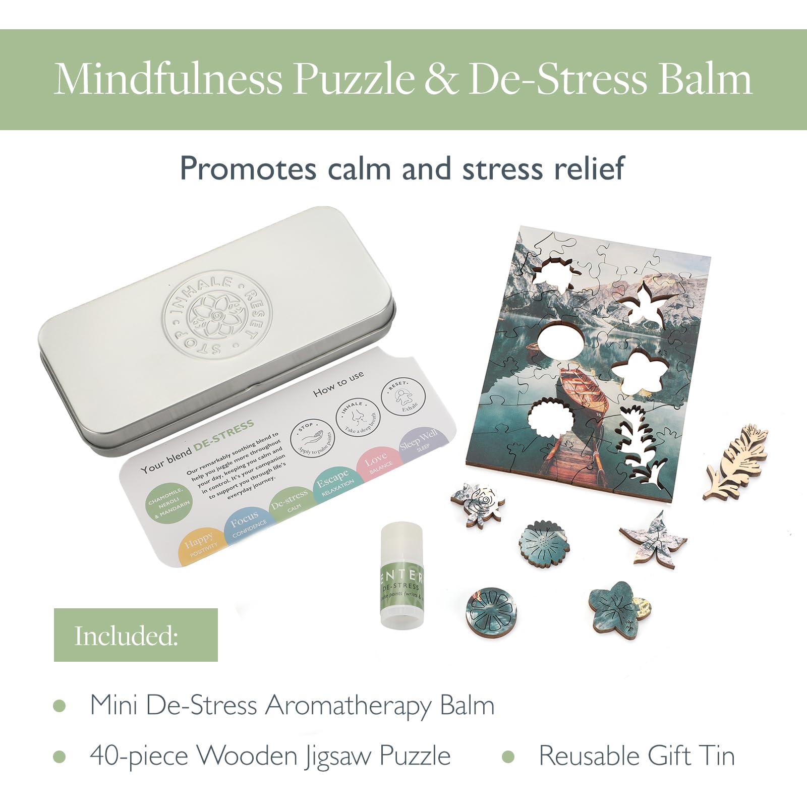Scentered puzzle in reusable tin packaging for travel-friendly calm