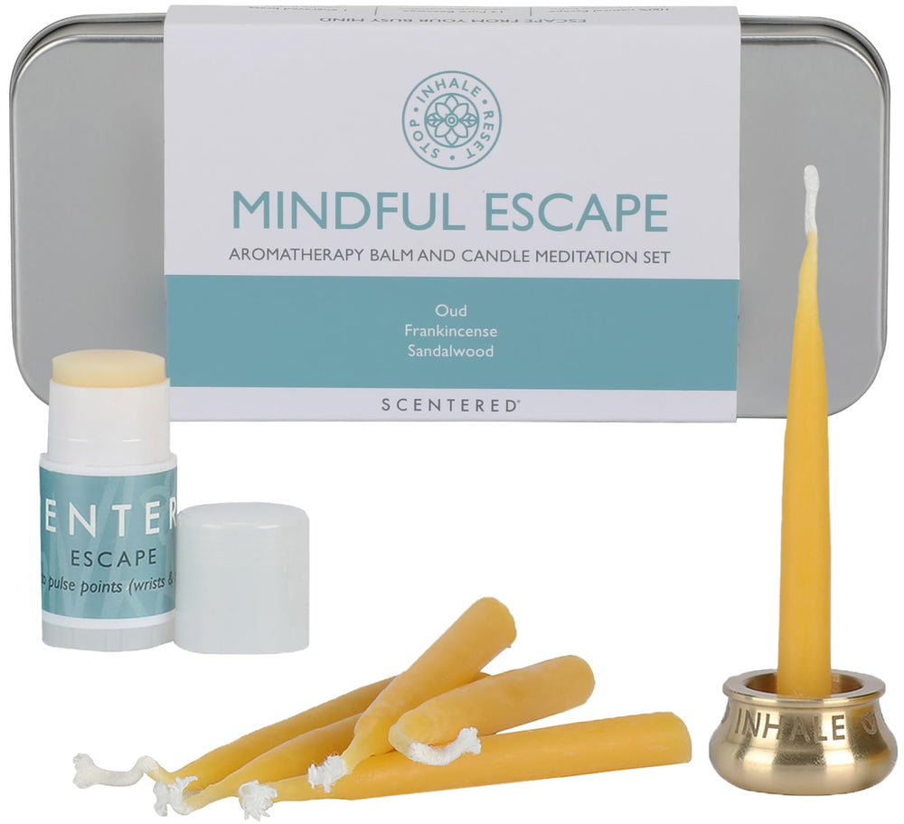 Scentered yoga candles with brass holder create a calming meditation ambiance