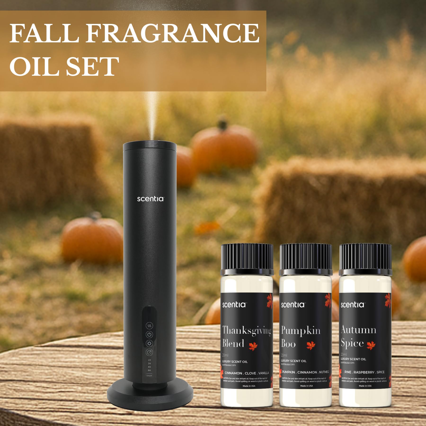 Scentia cozy fall table scene featuring oils and warm decor