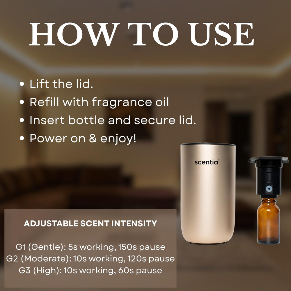 Scentia Gold MiniPod shows 3 mist levels for customizable intensity and ambiance