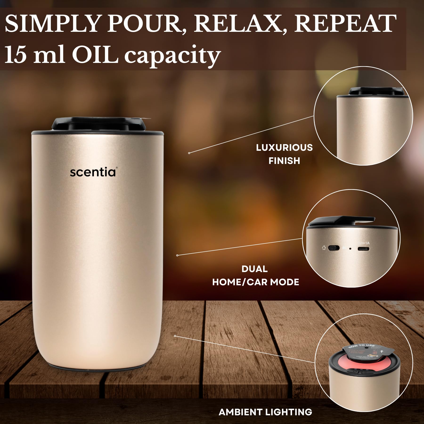Scentia Gold MiniPod cordless design with USB-C recharge offers scenting anywhere