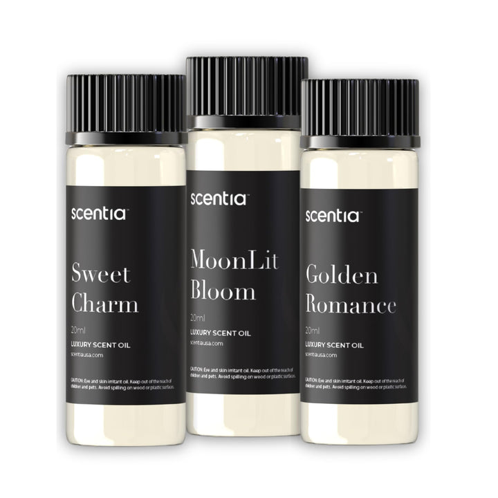 Scentia Love Collection MoonLit Bloom bottle, calming evening mood.
