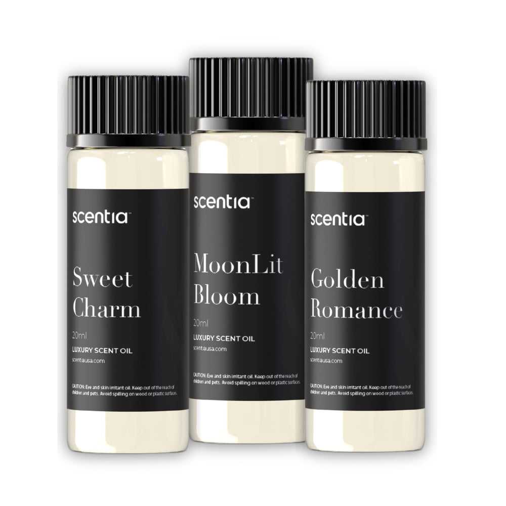 Scentia Love Collection MoonLit Bloom bottle, calming evening mood.