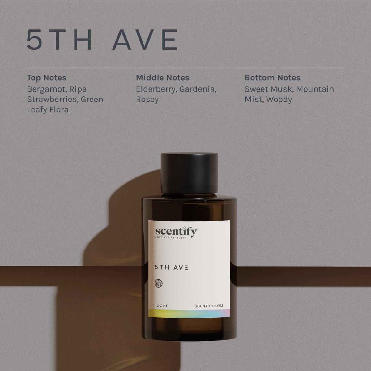 Scentify 5th Ave amber bottle label signals premium scent notes for refined spaces.