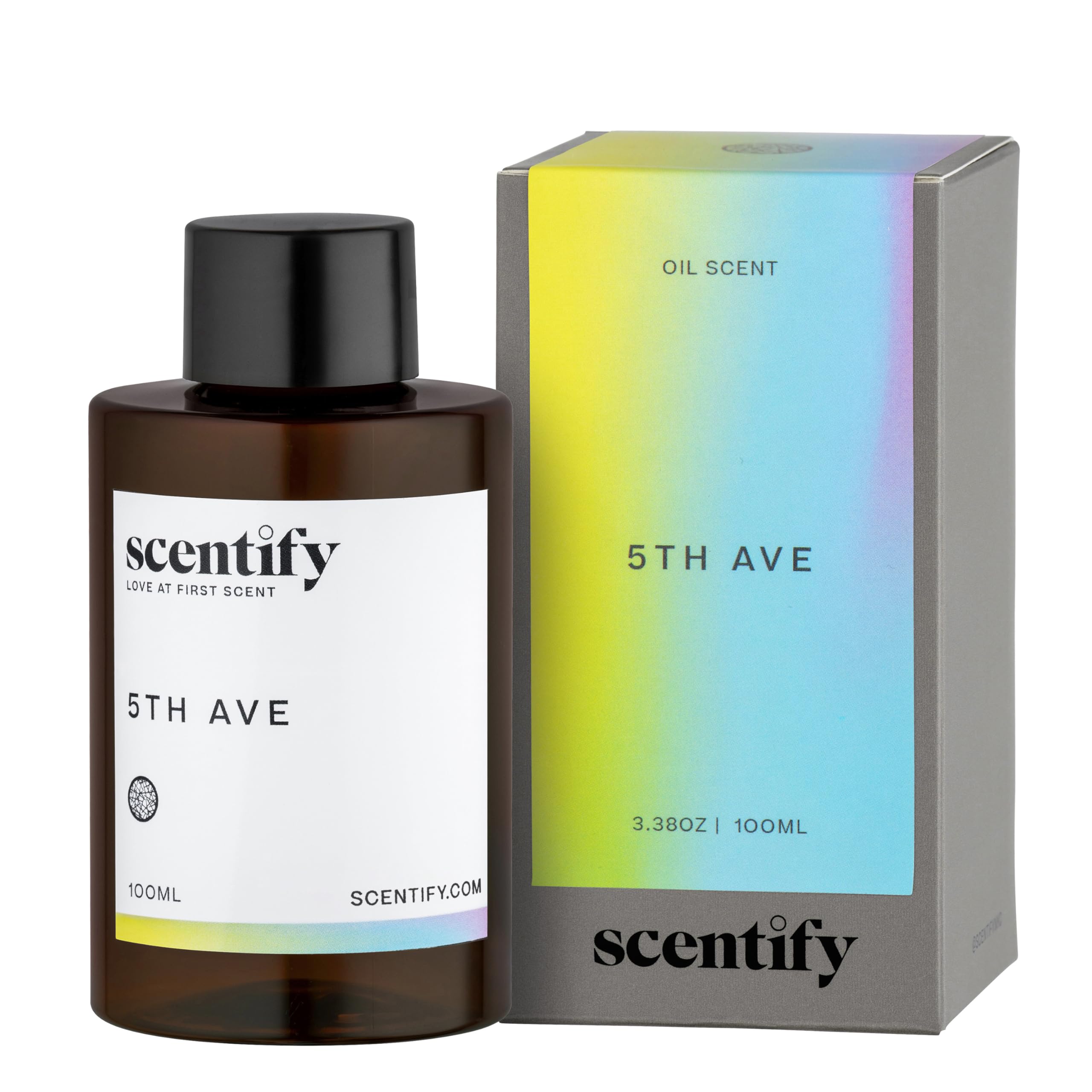 Scentify 5th Ave diffuser oil bottle highlights a premium blend for luxurious home ambiance.