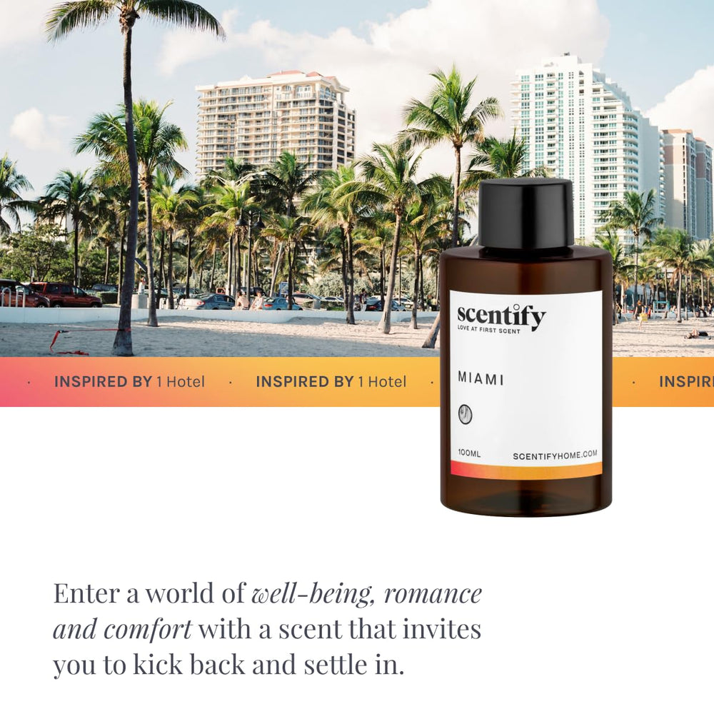 Scentify Miami aroma oil refill bottom notes of sandalwood and musk for lasting depth.