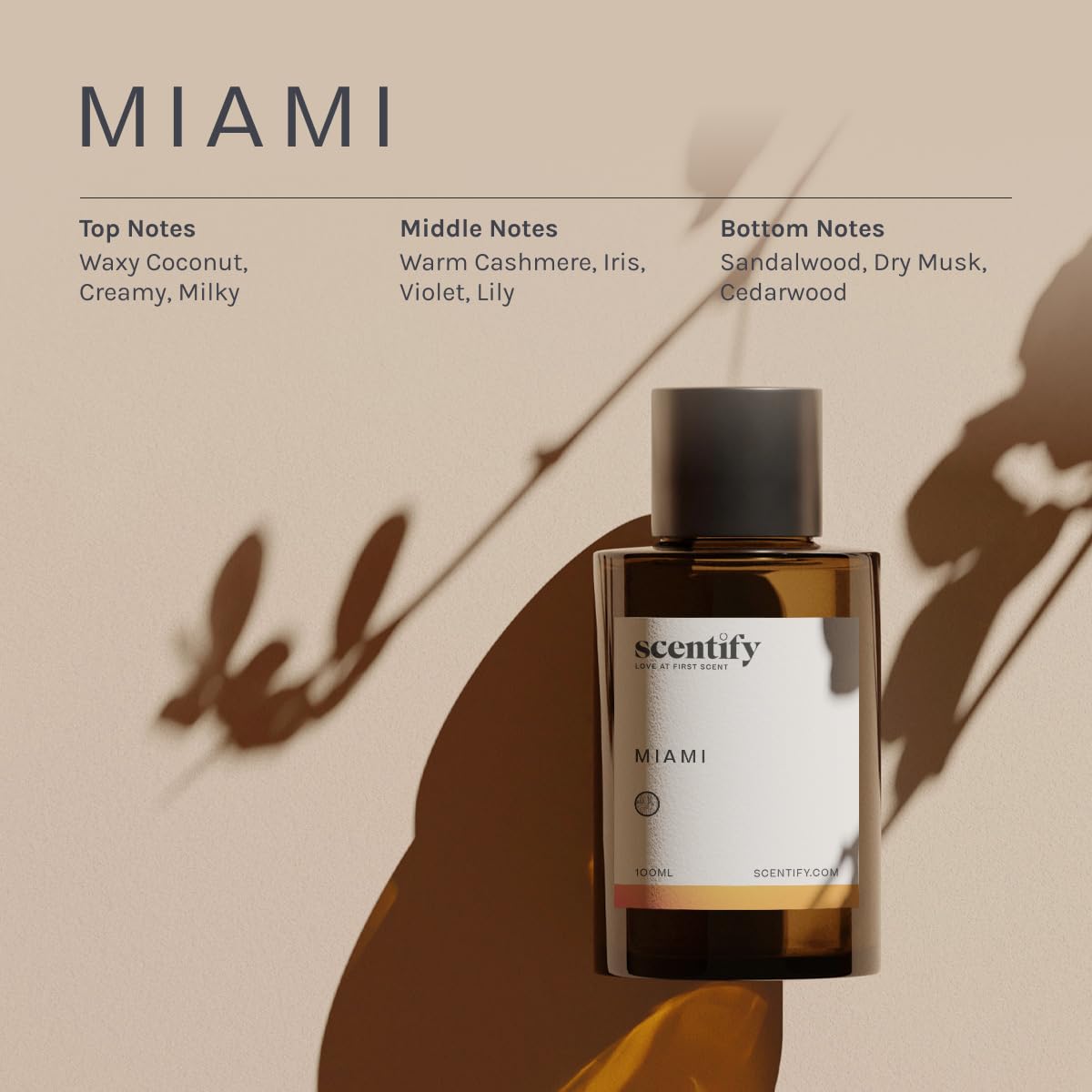 Scentify Miami aroma oil refill mid notes of cashmere and iris for a warm, elegant feel.