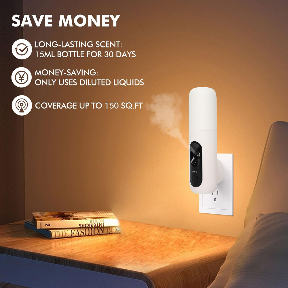 Scentiplus plug-in diffuser side profile showcasing slim footprint for small desks.