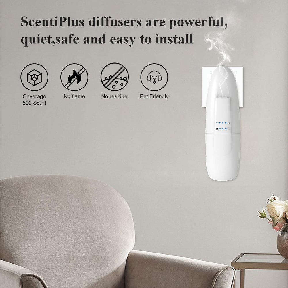 Scentiplus white diffuser in living room creates ambient aroma.