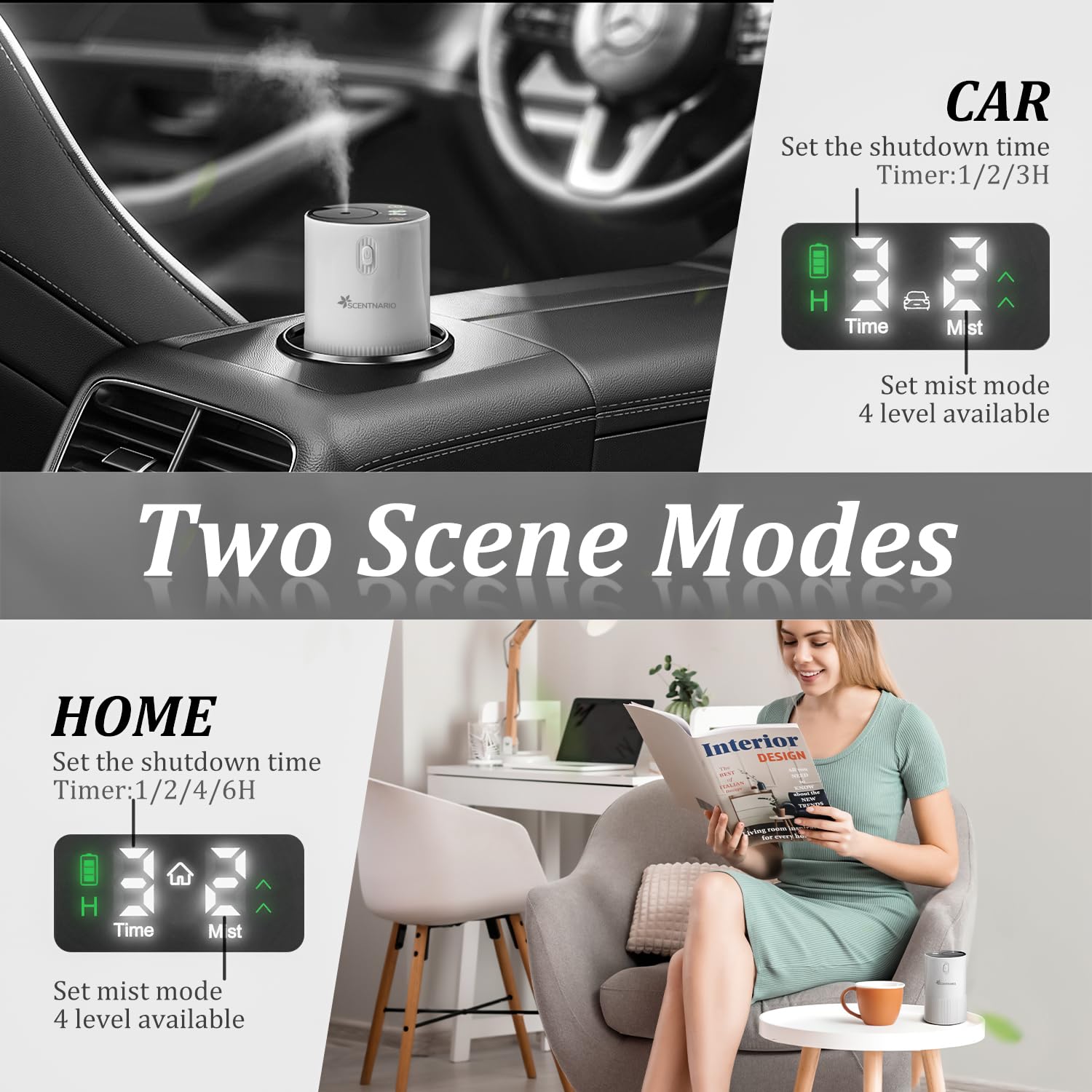 SCENTNARIO waterless diffuser LED display clearly shows battery, mode, and timer status