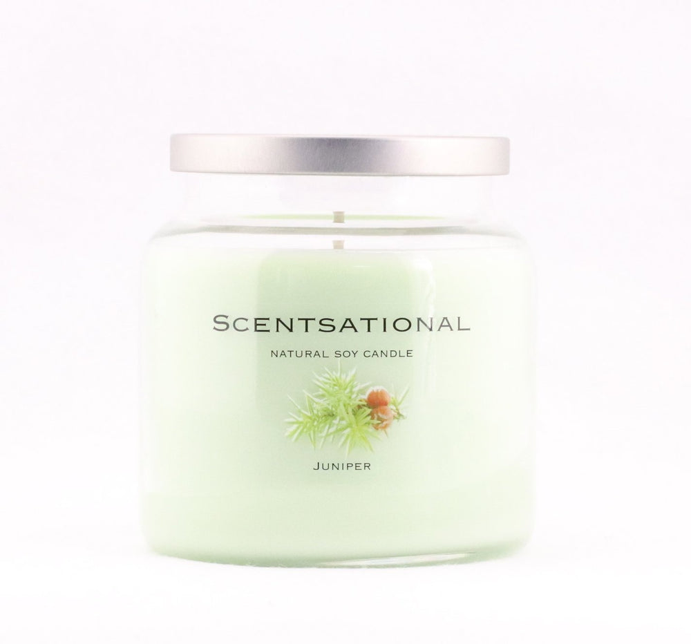 Scentsational Juniper candle close-up creates a calming, aromatic home ambiance.