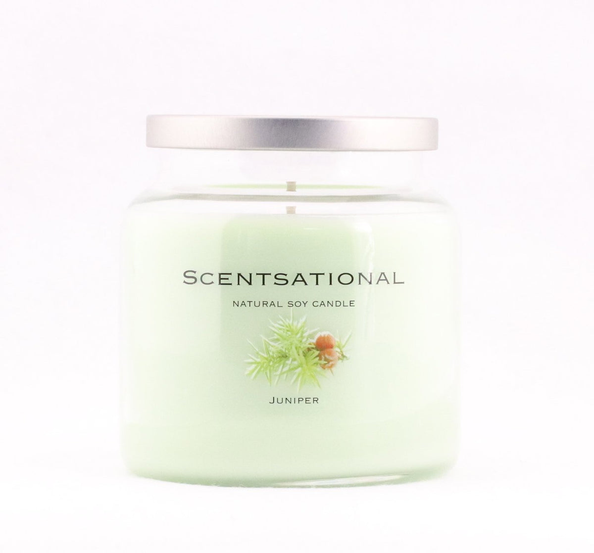 Scentsational Juniper candle close-up creates a calming, aromatic home ambiance.