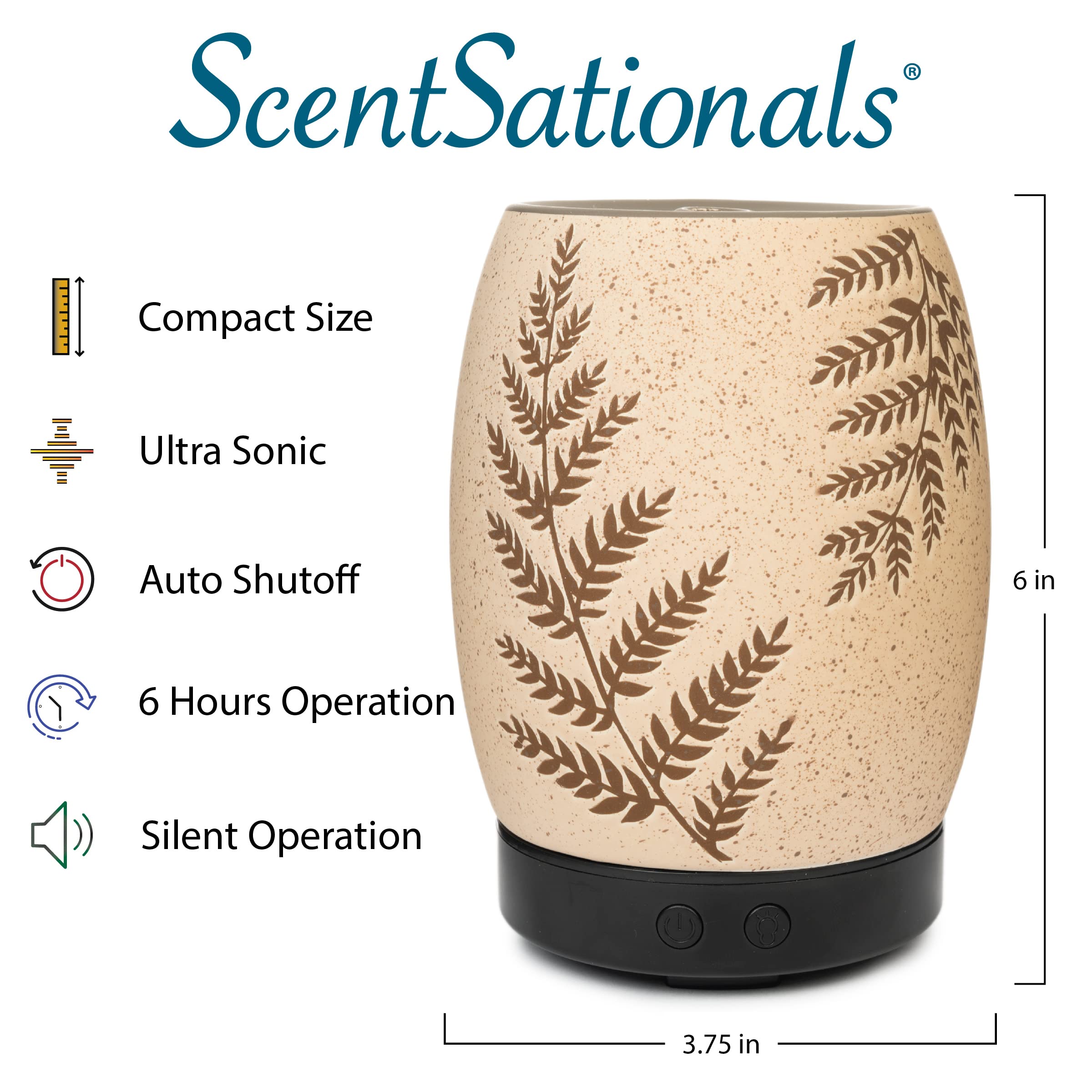 Scentsationals Eclectic Fern diffuser displaying aroma mist and oil compatibility for home fragrance.