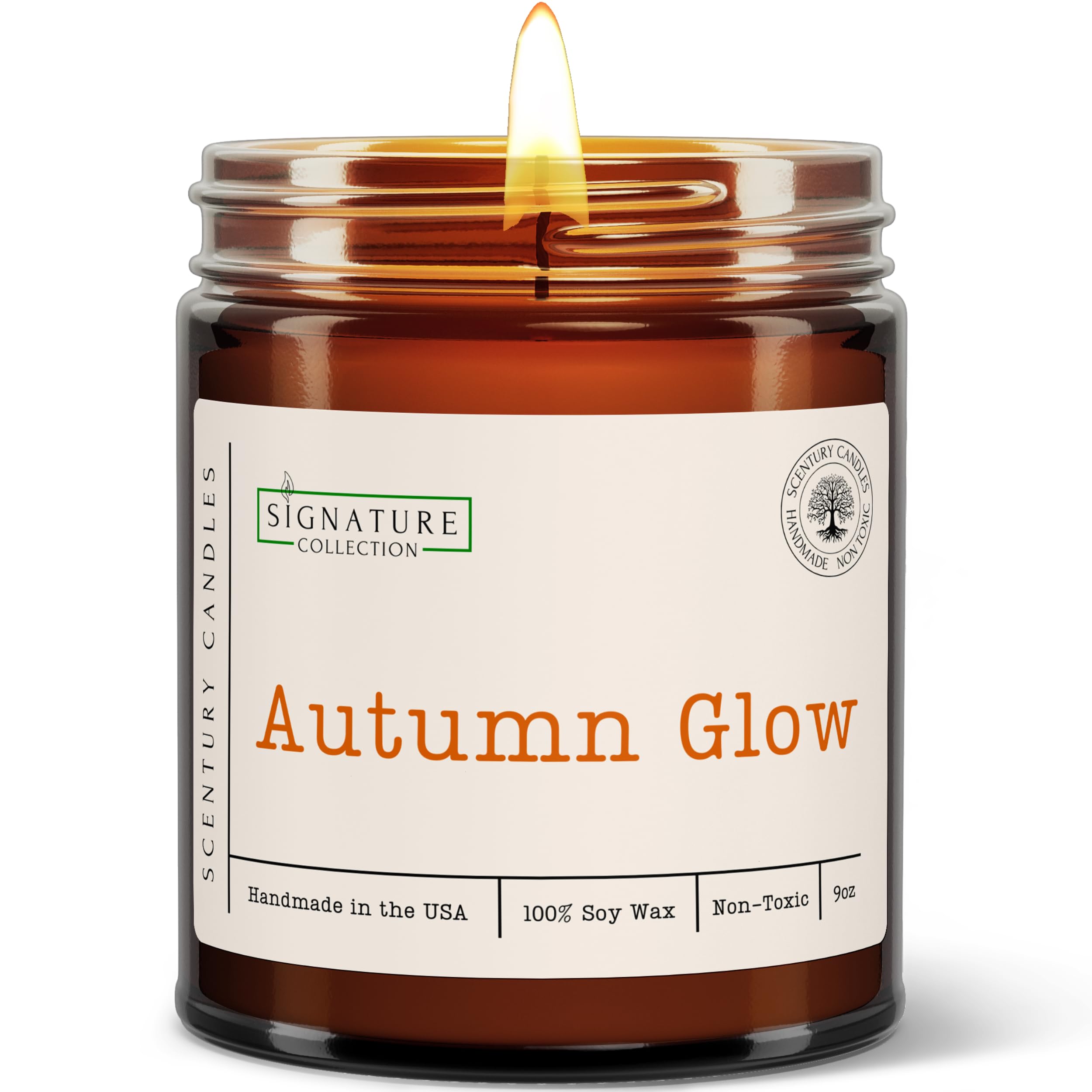 Scentury Autumn Glow candle jar close-up, clean-burning soy wax for cozy ambience