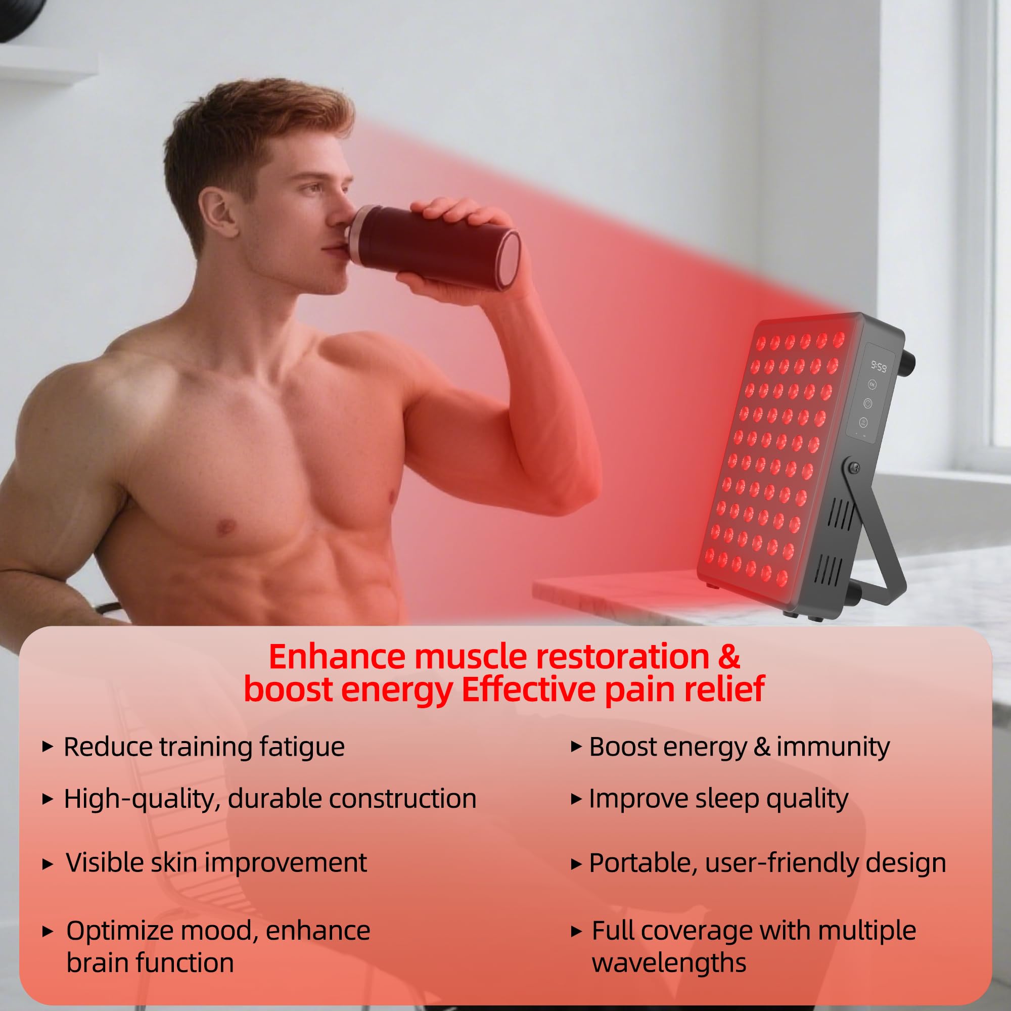 SCESFU red light panel 60-degree beam angle provides wide coverage.