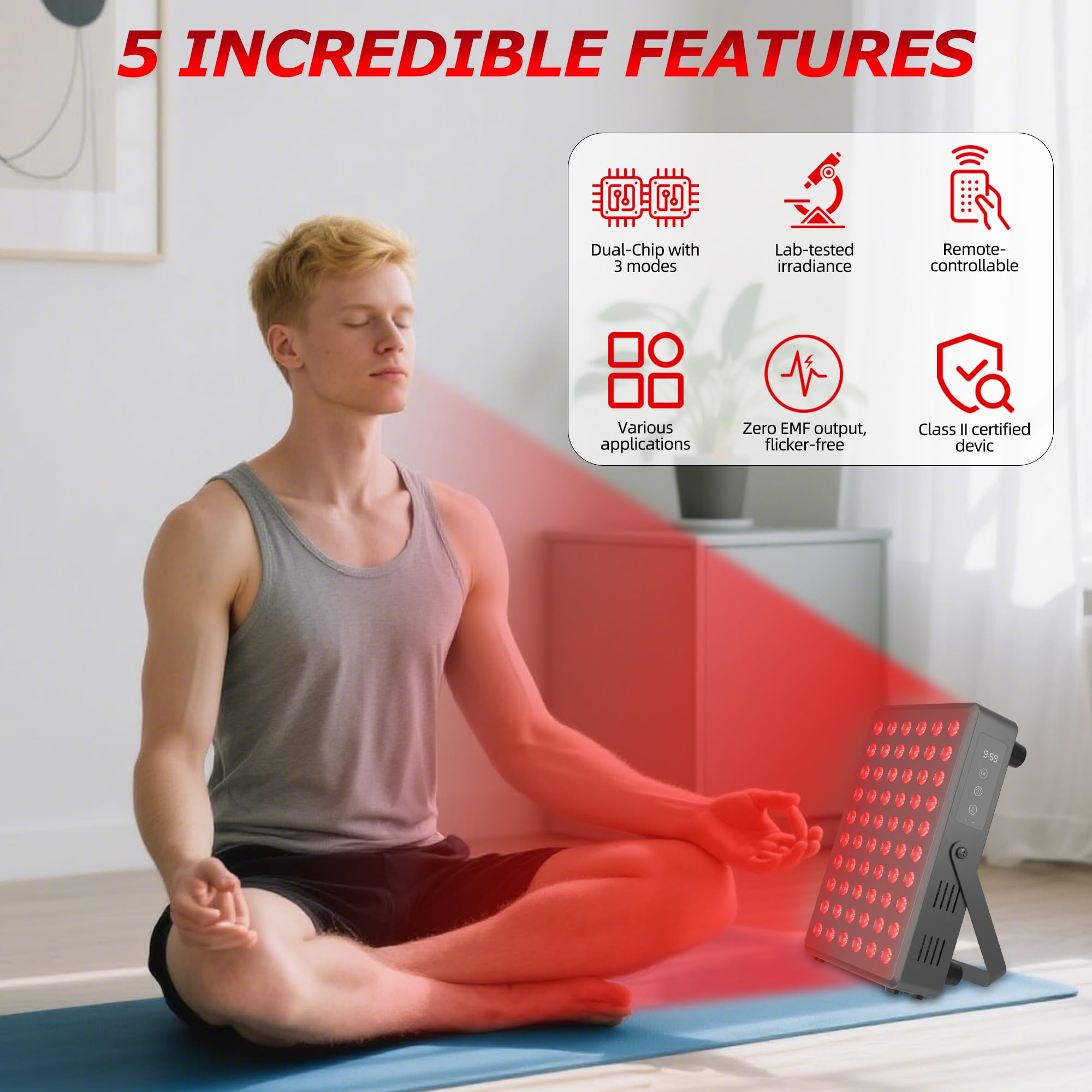 SCESFU red light panel on desk during workouts for convenient sessions.