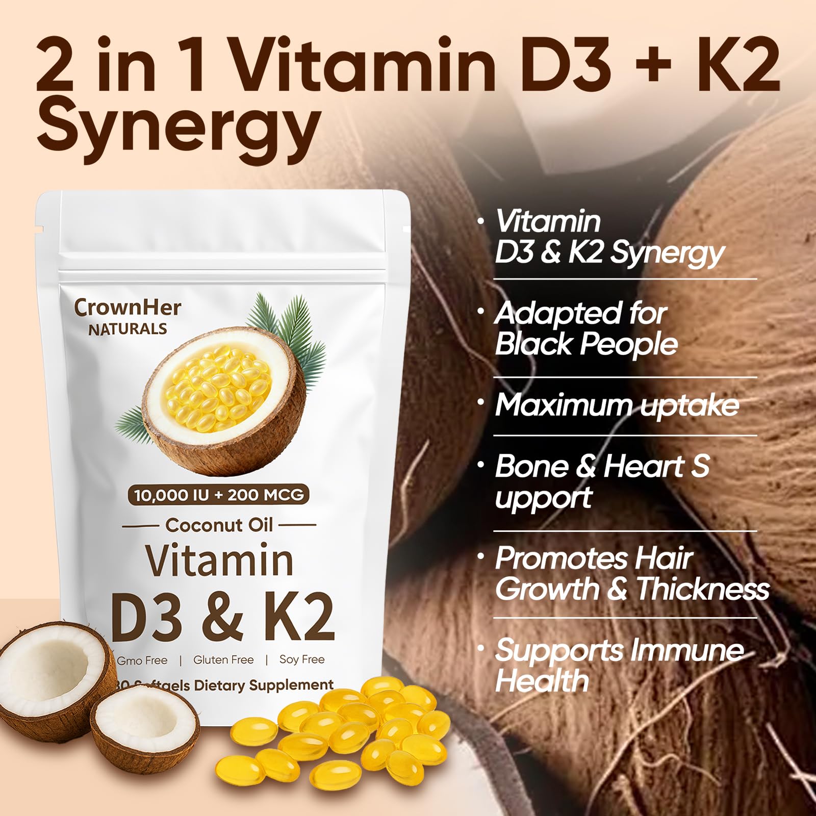SCEZROB CrownHer D3 K2 softgel with coconut oil supports calcium utilization and bone health.