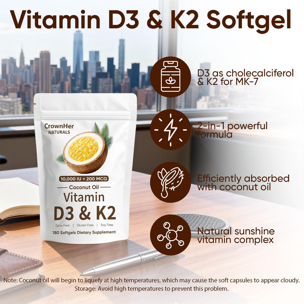 SCEZROB CrownHer Naturals D3 K2 softgel—easy daily capsule for immune support and energy.