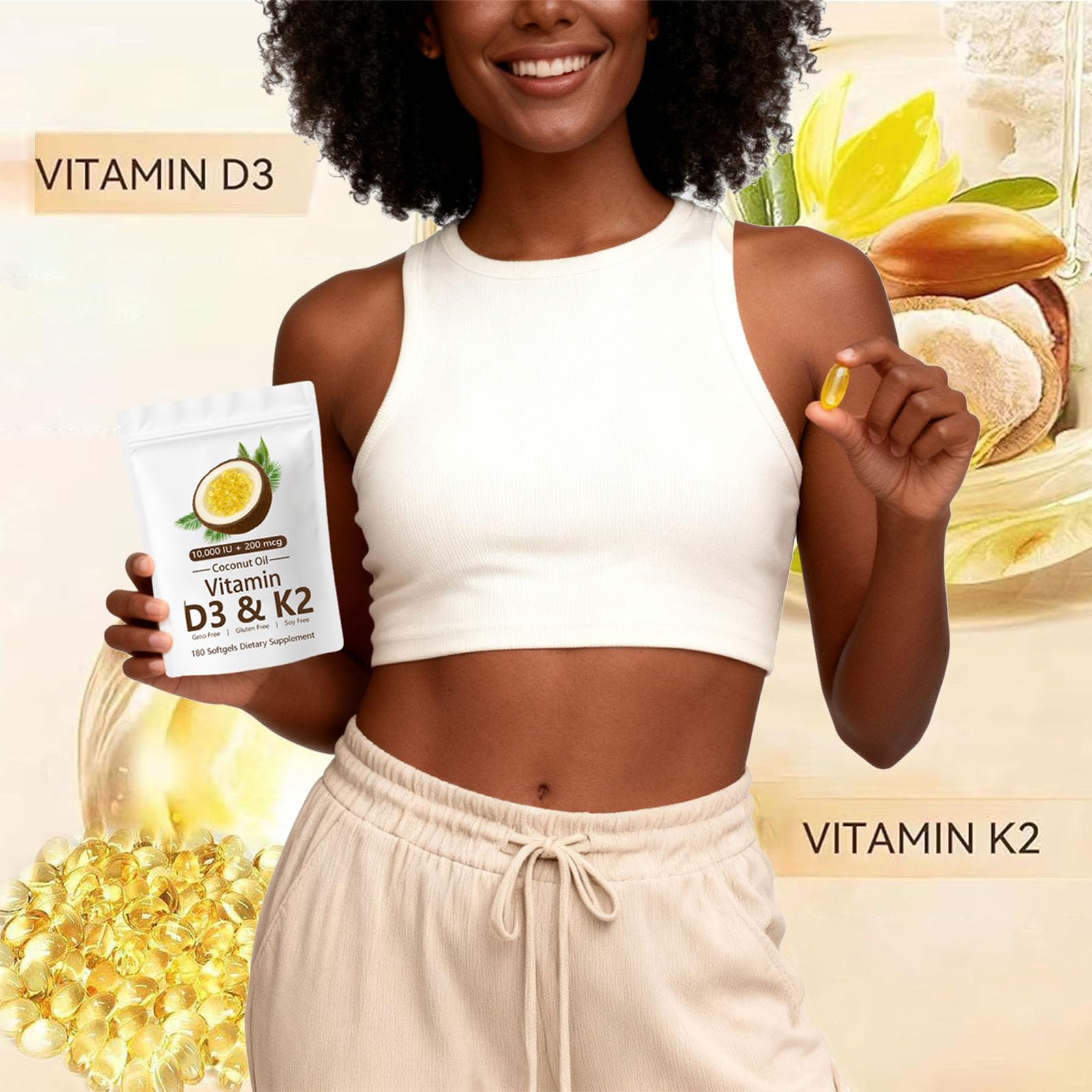 CrownHer D3 K2 softgel with coconut oil enhances absorption for better daily wellness.