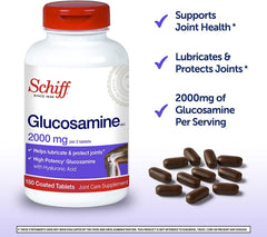 Schiff Glucosamine with Hyaluronic Acid bottle back shows supplement facts and potency.